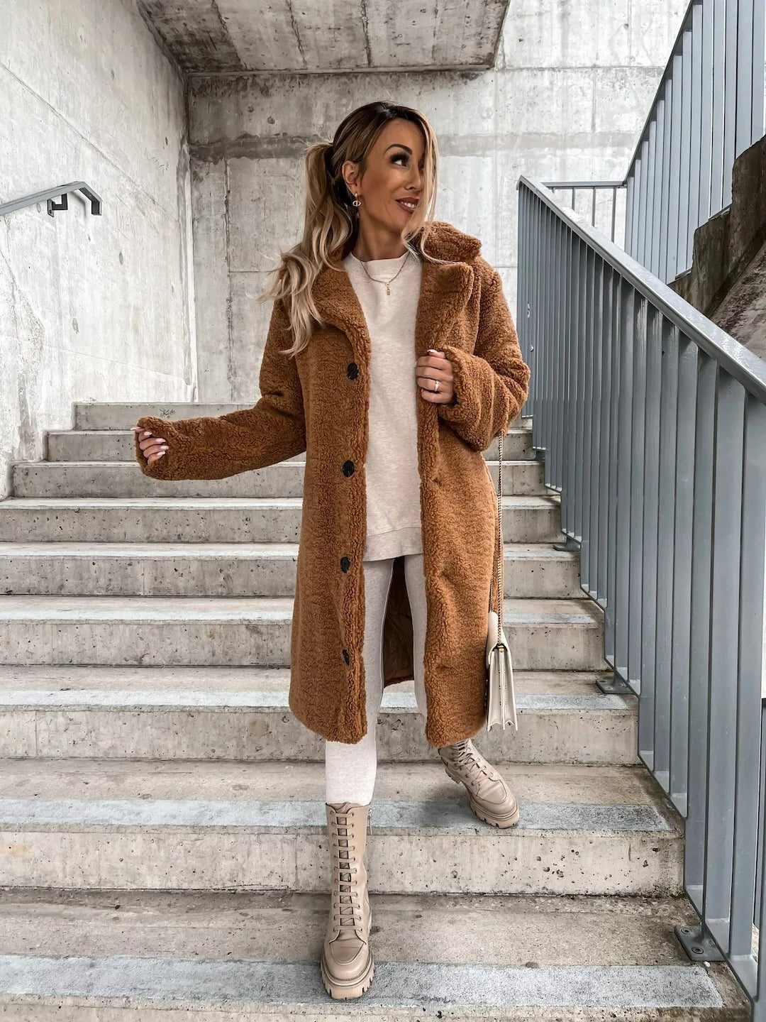 Women's Long Teddy Trench Coat with Button Closure