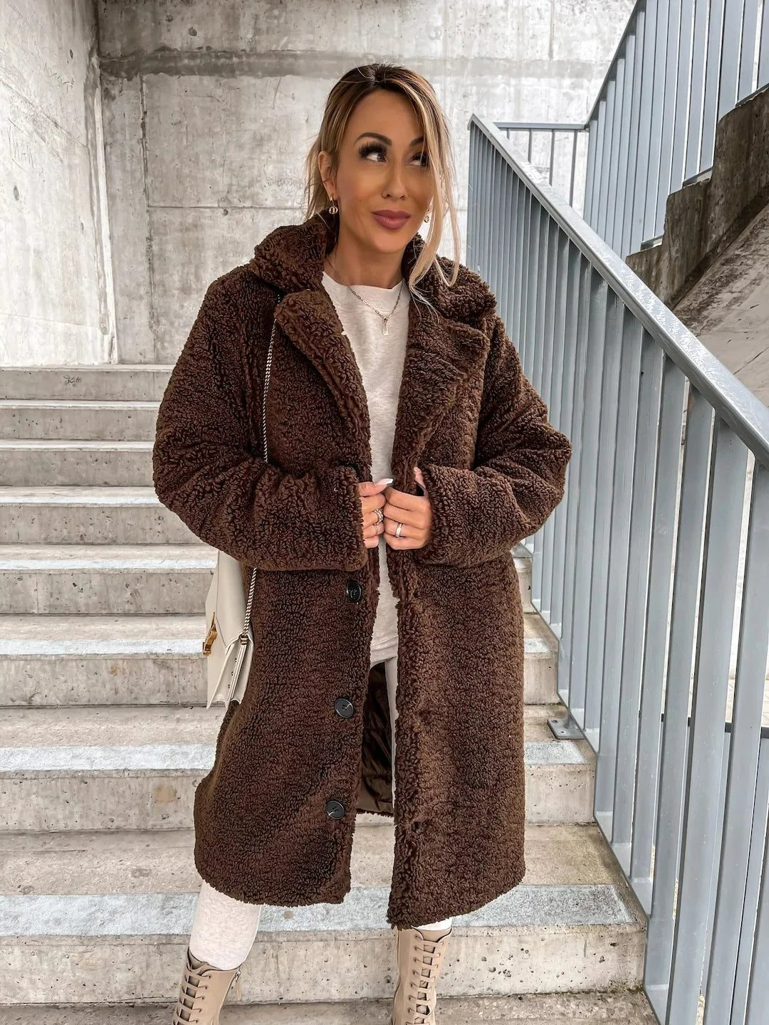 Women's Long Teddy Trench Coat with Button Closure