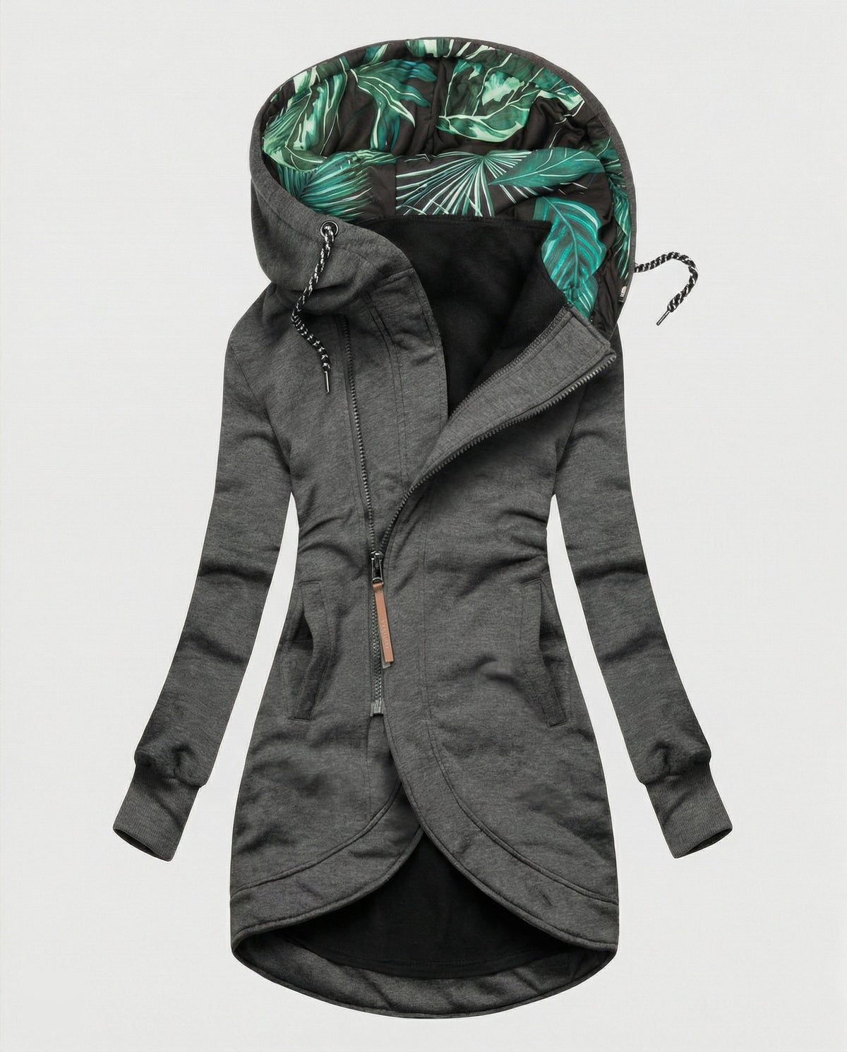 Women's Hooded Long Winter Coat with Palm Print Lining