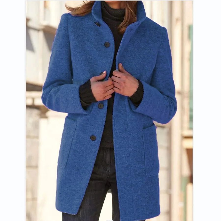 Women's Long Wool Winter Coat with Stand-Up Collar