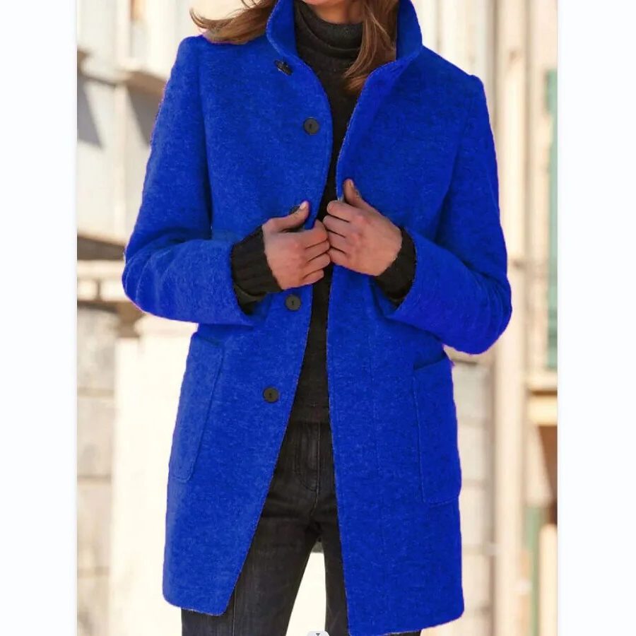 Women's Long Wool Winter Coat with Stand-Up Collar