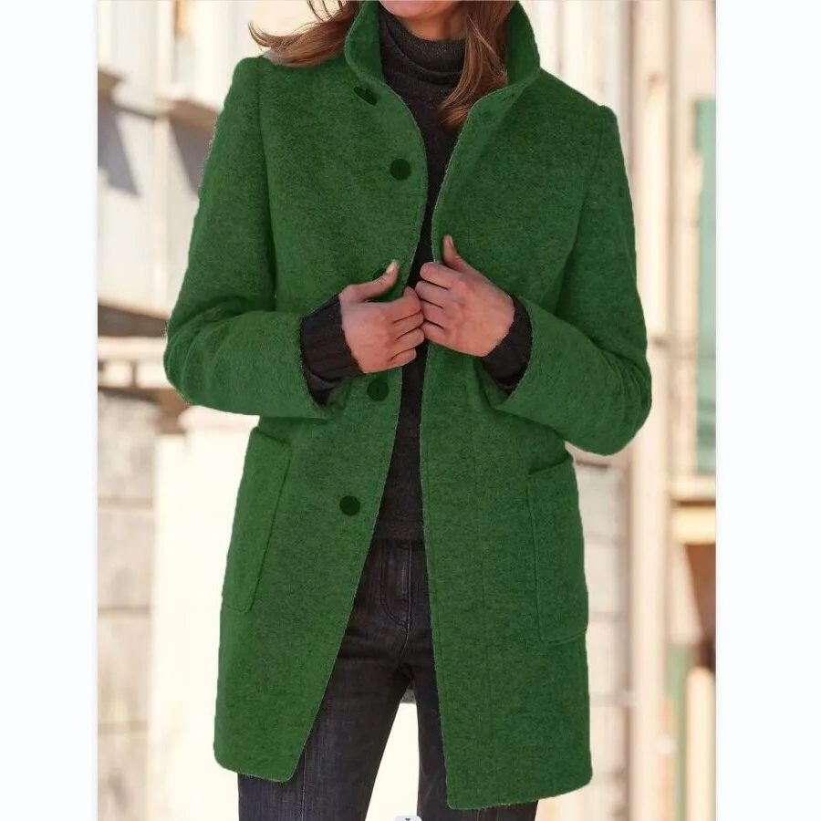 Women's Long Wool Winter Coat with Stand-Up Collar