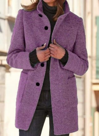 Women's Long Wool Winter Coat with Stand-Up Collar