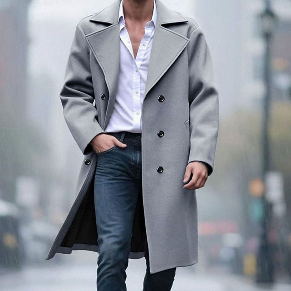 Men's Double-Breasted Long Wool Coat