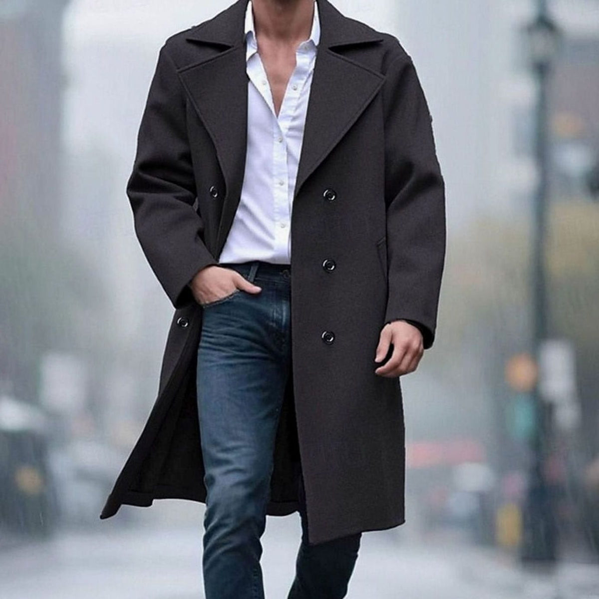 Men's Double-Breasted Long Wool Coat