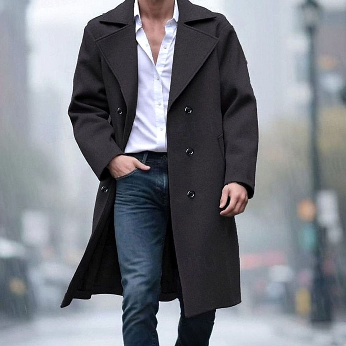 Men's Double-Breasted Long Wool Coat