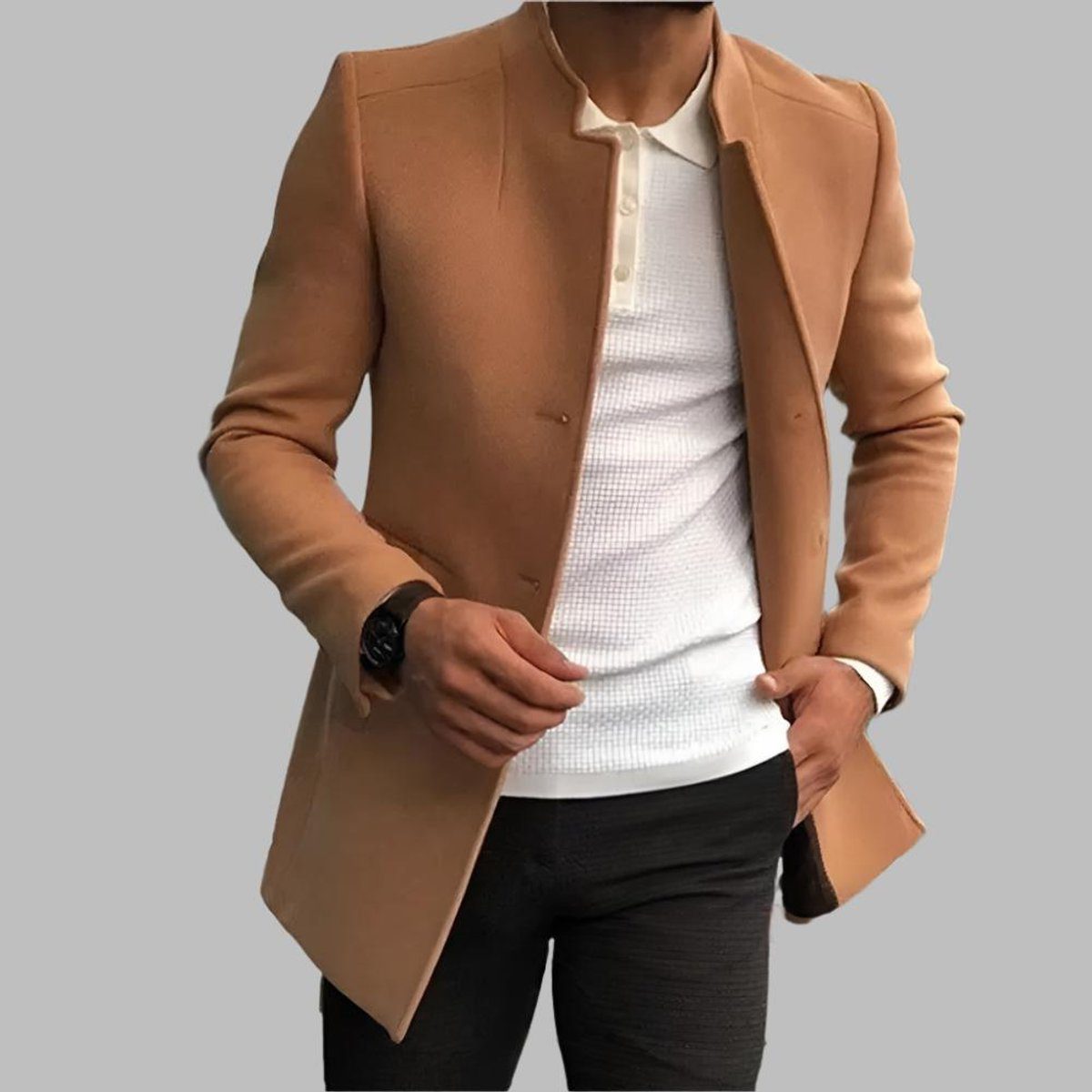Men's Long Wool Coat with Stand-Up Collar