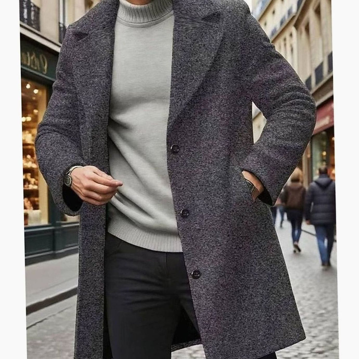 Men's Long Wool Winter Coat with Single Button Row