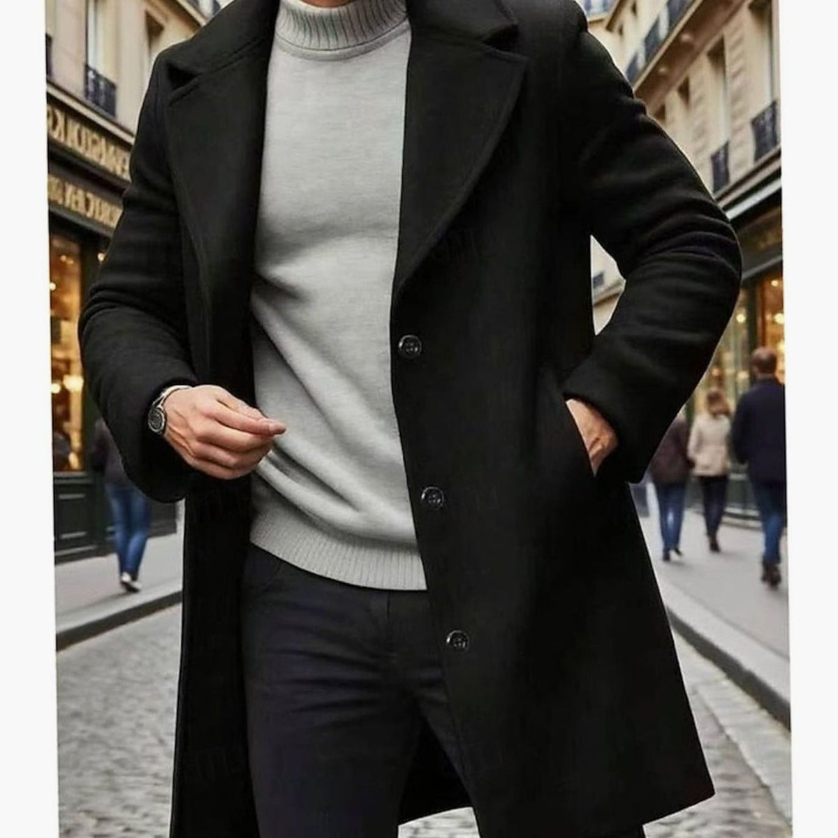 Men's Long Wool Winter Coat with Single Button Row