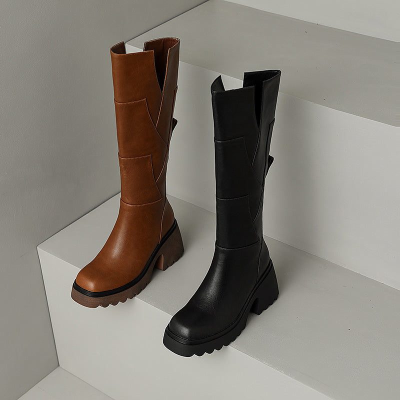 Women's Knee-High Boots with Round Toe and Zipper Closure