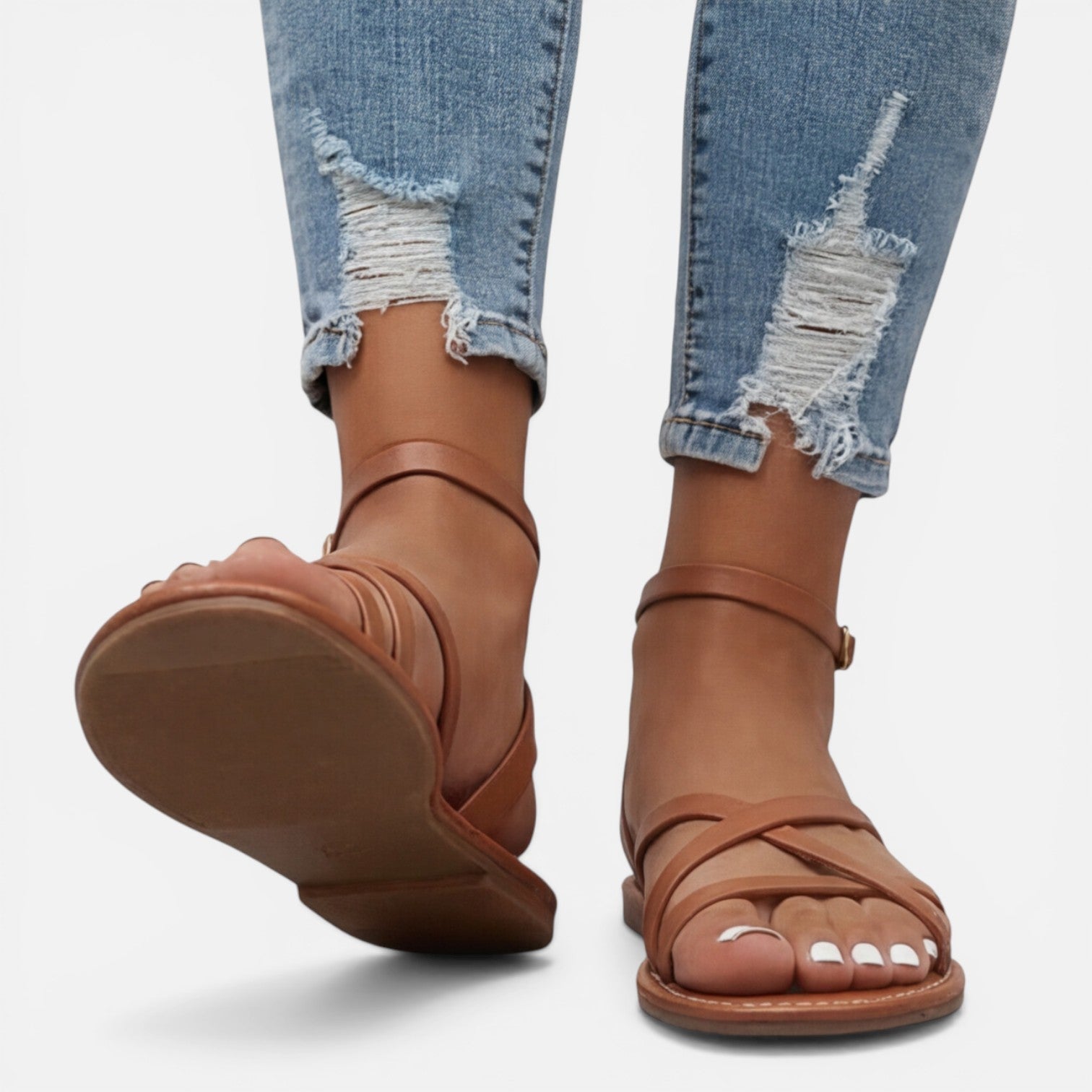 Leather Sandals for Women Flat with Ankle Strap Casual