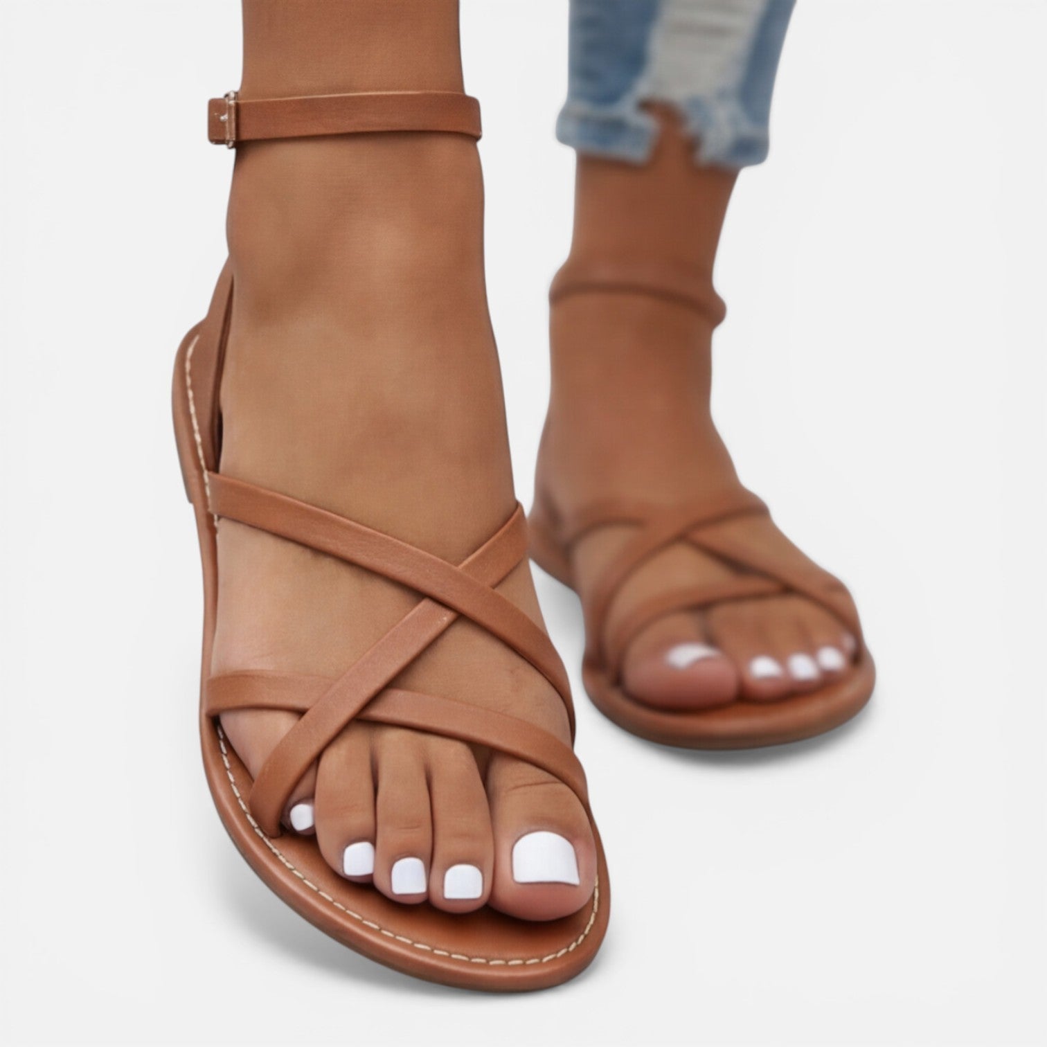 Leather Sandals for Women Flat with Ankle Strap Casual
