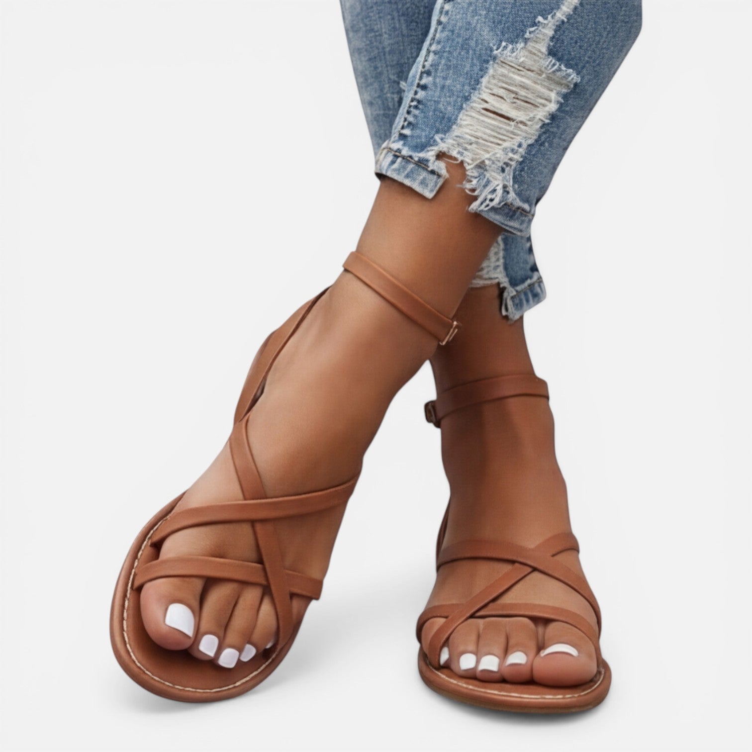 Leather Sandals for Women Flat with Ankle Strap Casual