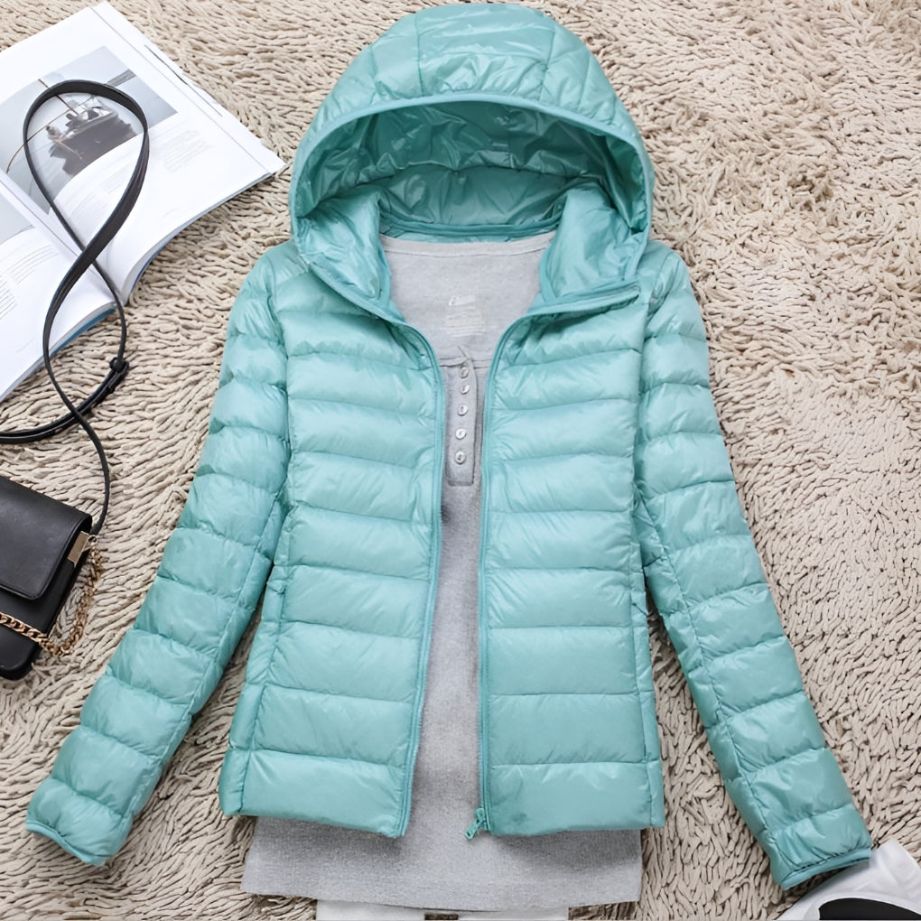 Lightweight Down Jacket for Women with Hood and Sporty Style