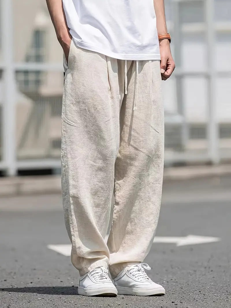 Linen Trousers for Men Wide Fit Elastic Waist Pockets