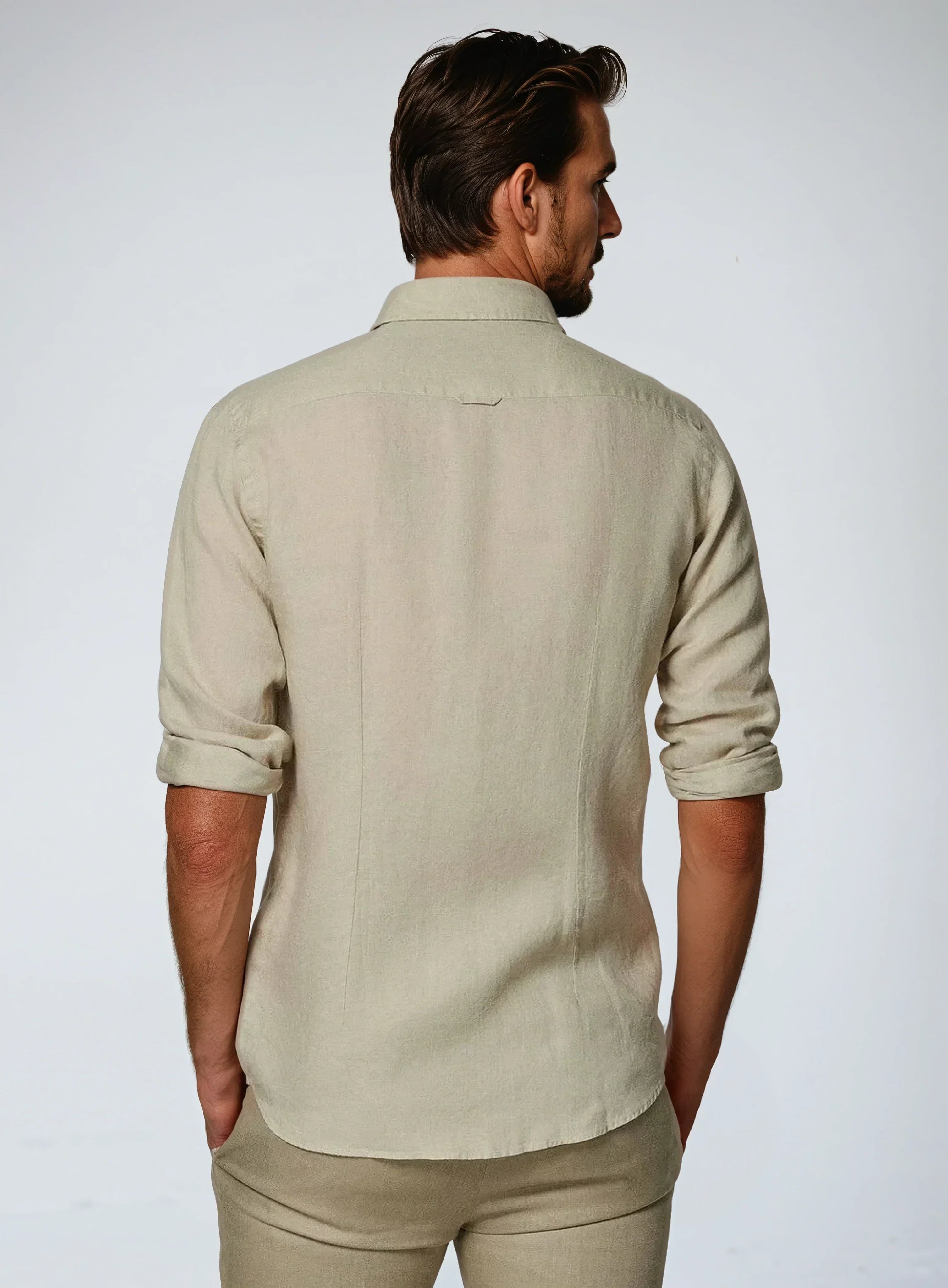 Linen Shirt Men Long Sleeves Slim Fit Casual
