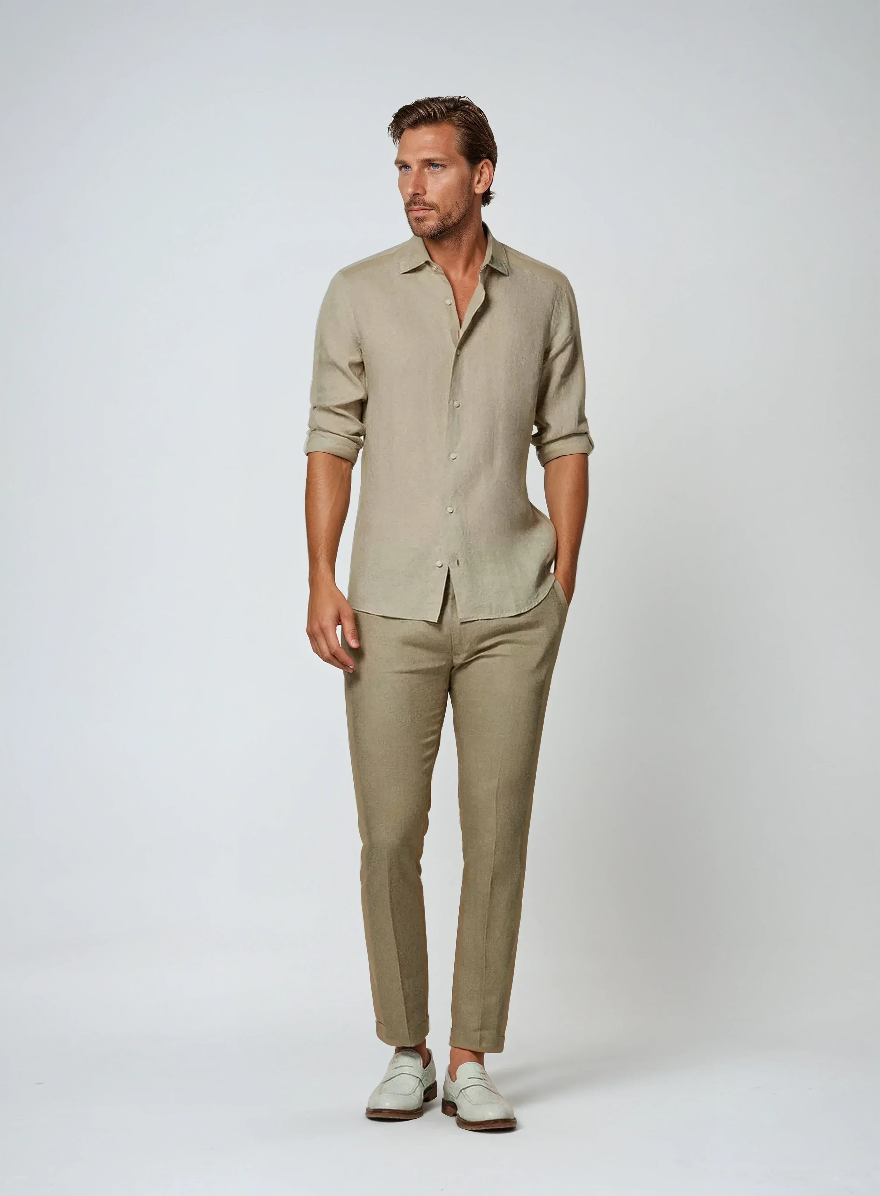 Linen Shirt Men Long Sleeves Slim Fit Casual