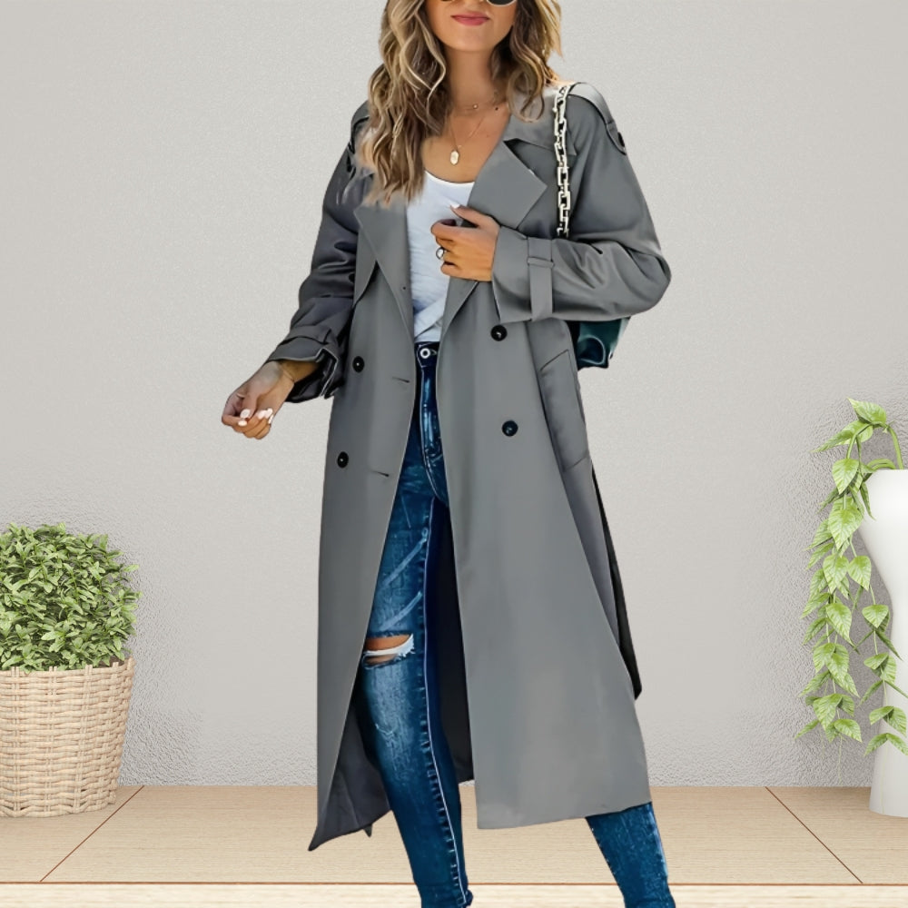 Luxe Ladies Trench Coat with Double Breasted Buttons and Turn-Down Collar