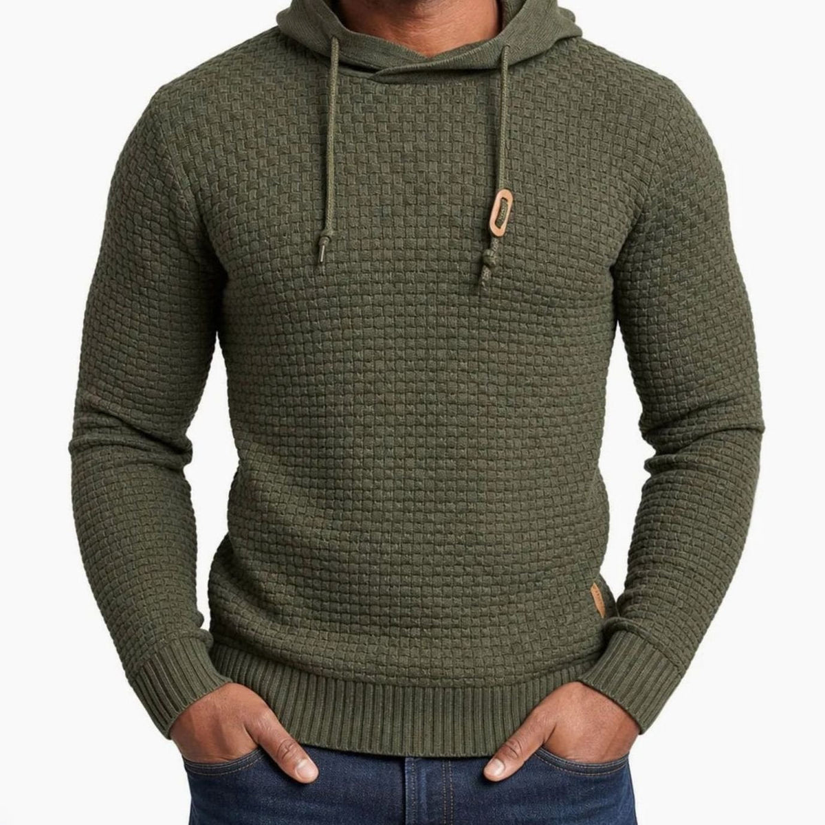 William | Men's Hooded Pullover Sweater with Basket Knit Design