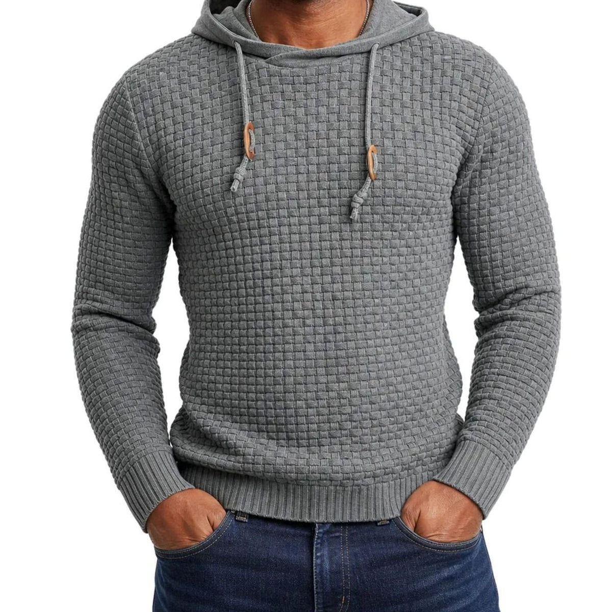 William | Men's Hooded Pullover Sweater with Basket Knit Design