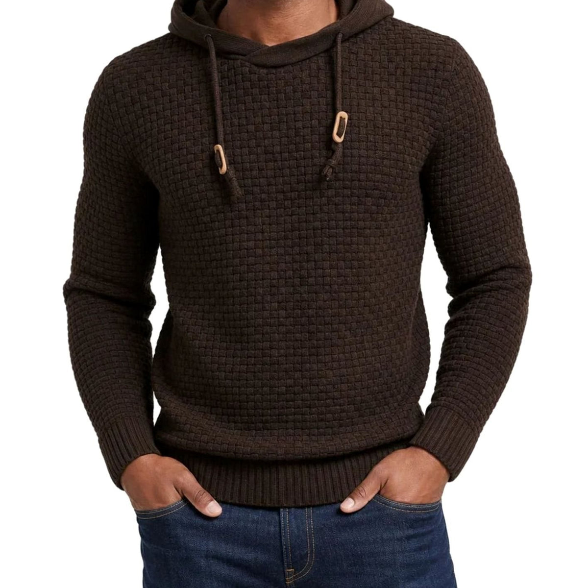 William | Men's Hooded Pullover Sweater with Basket Knit Design
