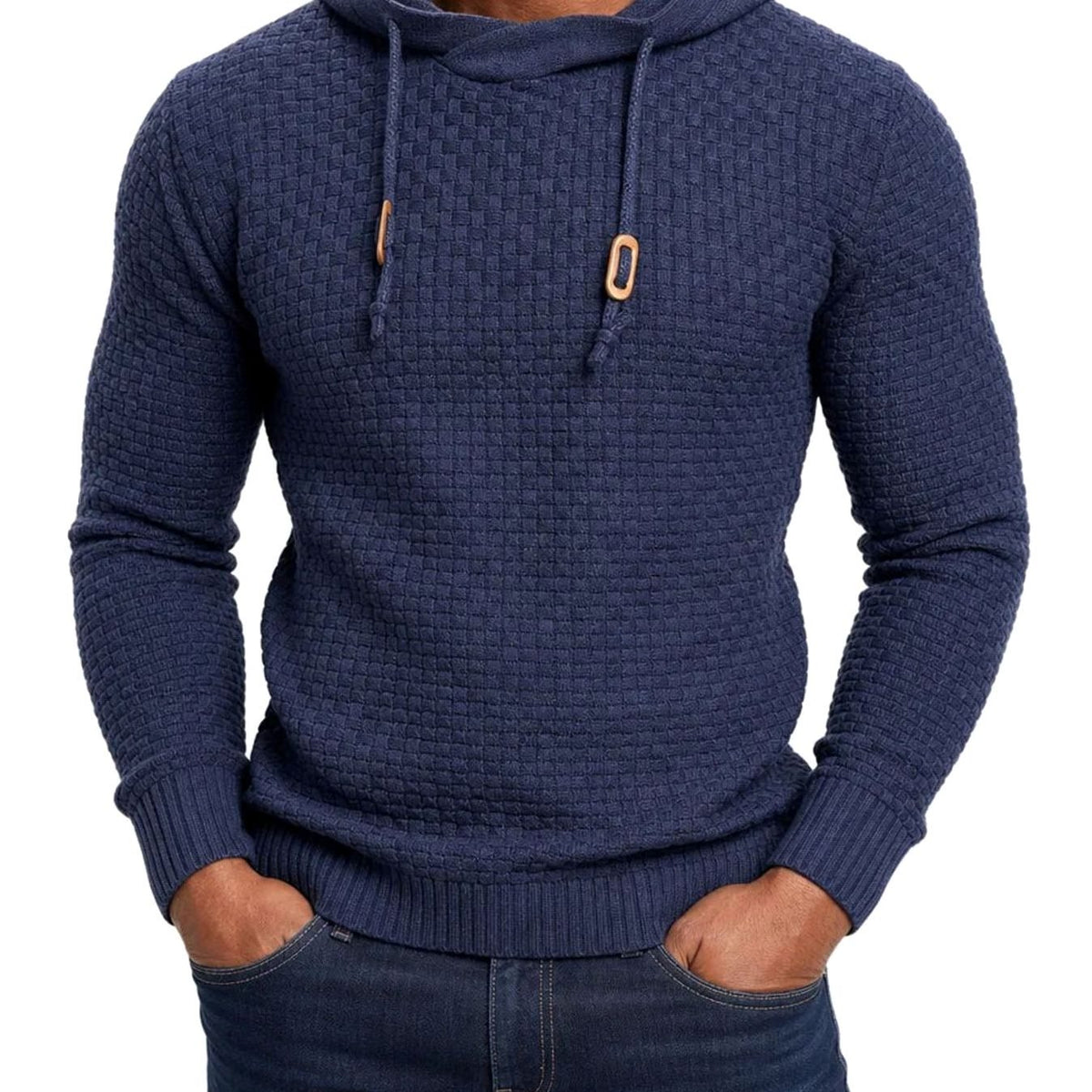William | Men's Hooded Pullover Sweater with Basket Knit Design
