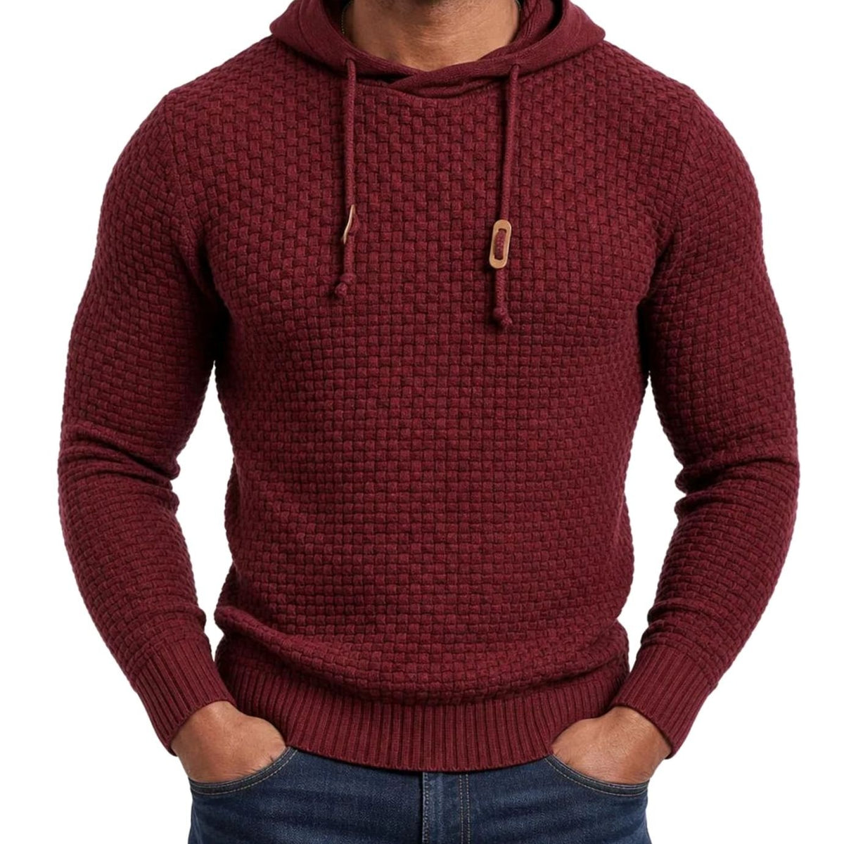 William | Men's Hooded Pullover Sweater with Basket Knit Design