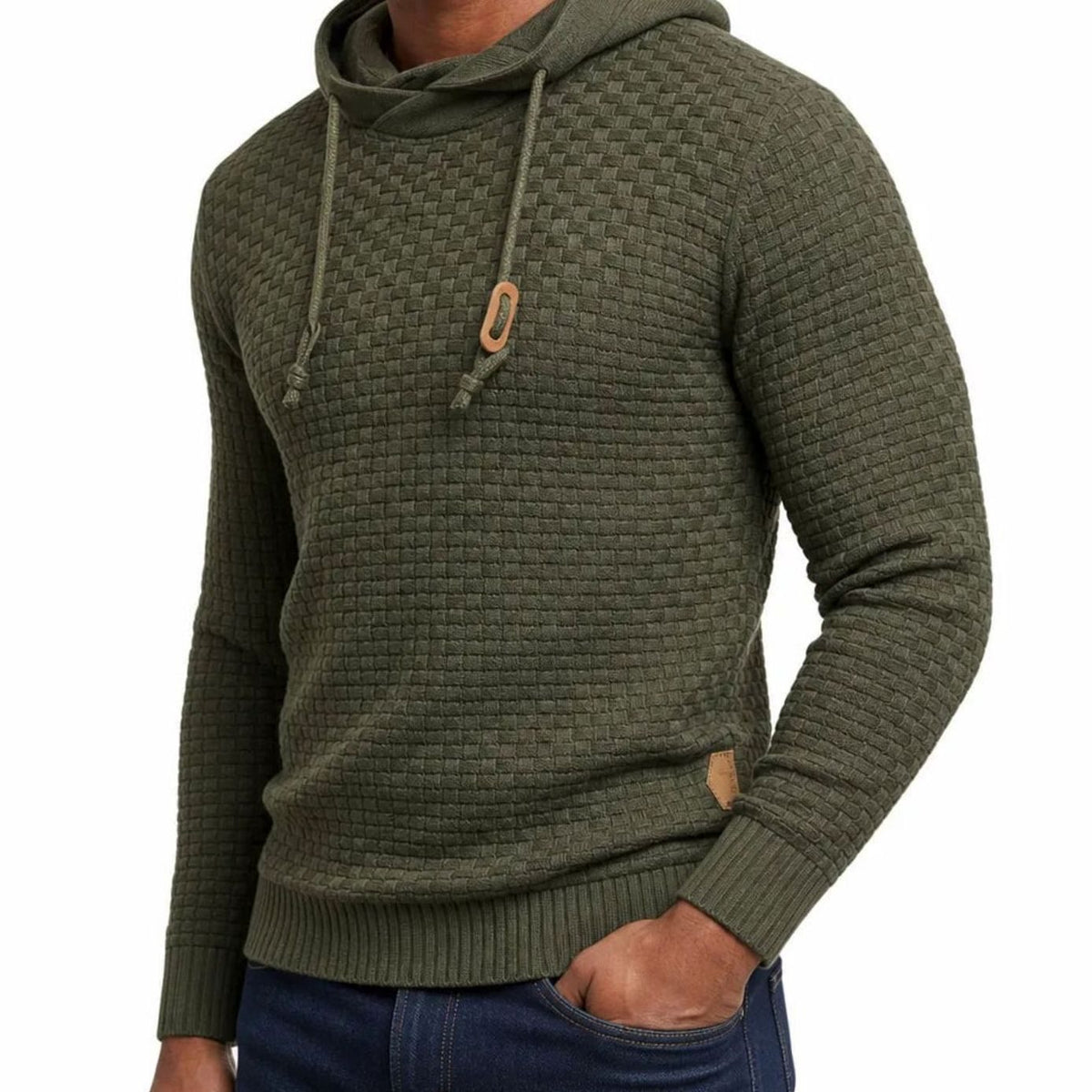 William | Men's Hooded Pullover Sweater with Basket Knit Design