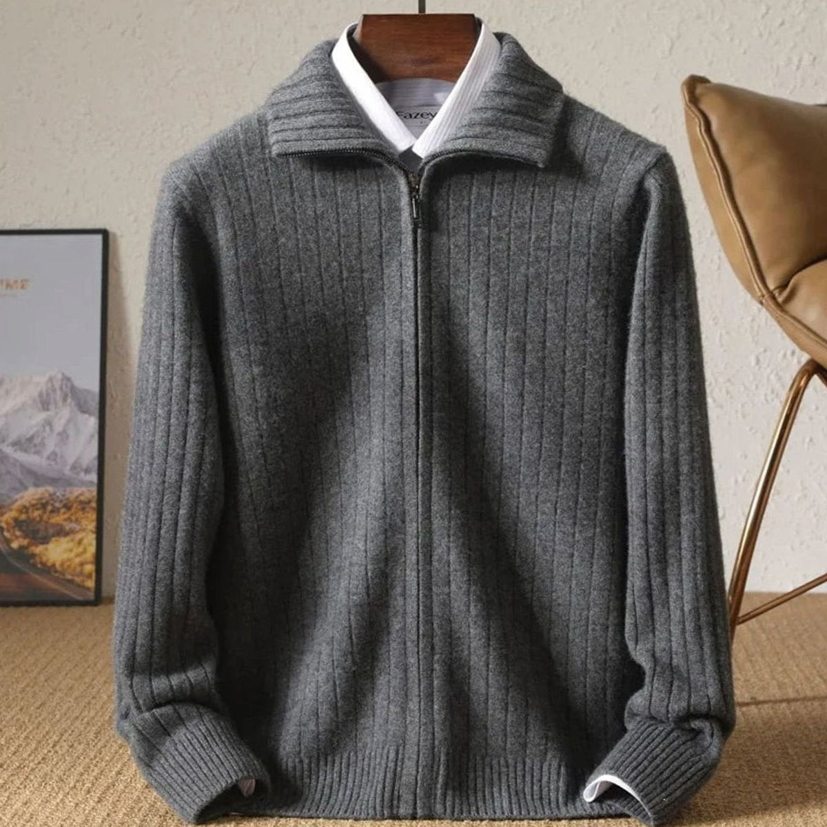 Nathan | Men's Ribbed Knit Cardigan Sweater with Full-Zip and Stand Collar