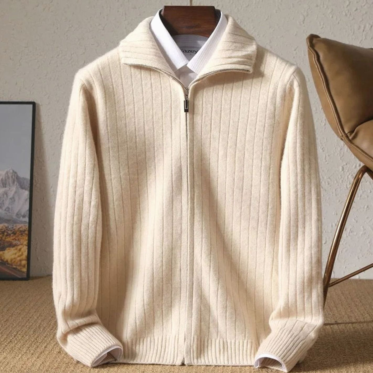 Nathan | Men's Ribbed Knit Cardigan Sweater with Full-Zip and Stand Collar