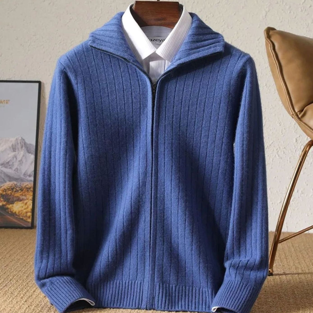 Nathan | Men's Ribbed Knit Cardigan Sweater with Full-Zip and Stand Collar