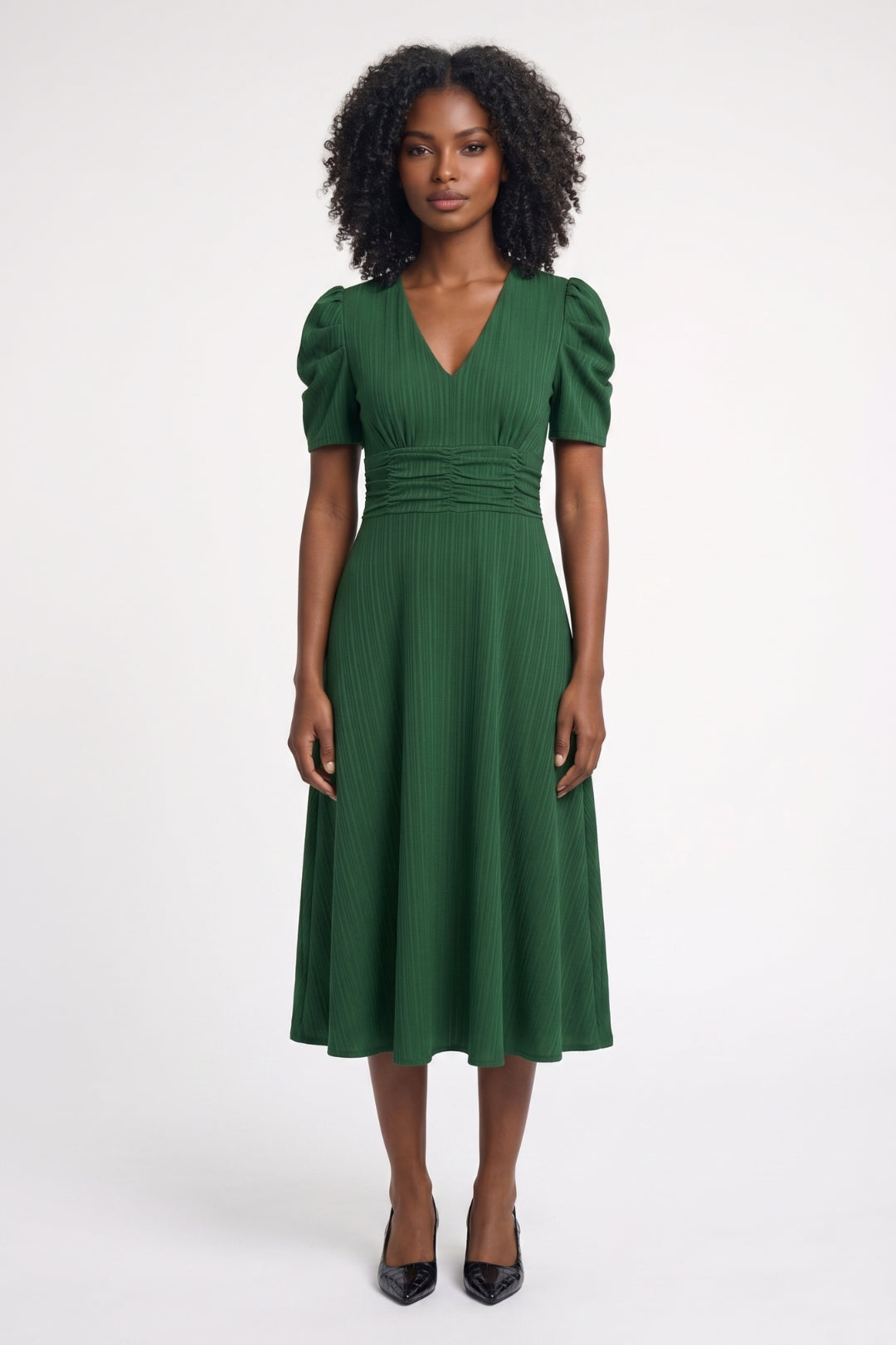 Midi Dress Ladies Tailored V-Neck Puff Sleeves Elastic Waist