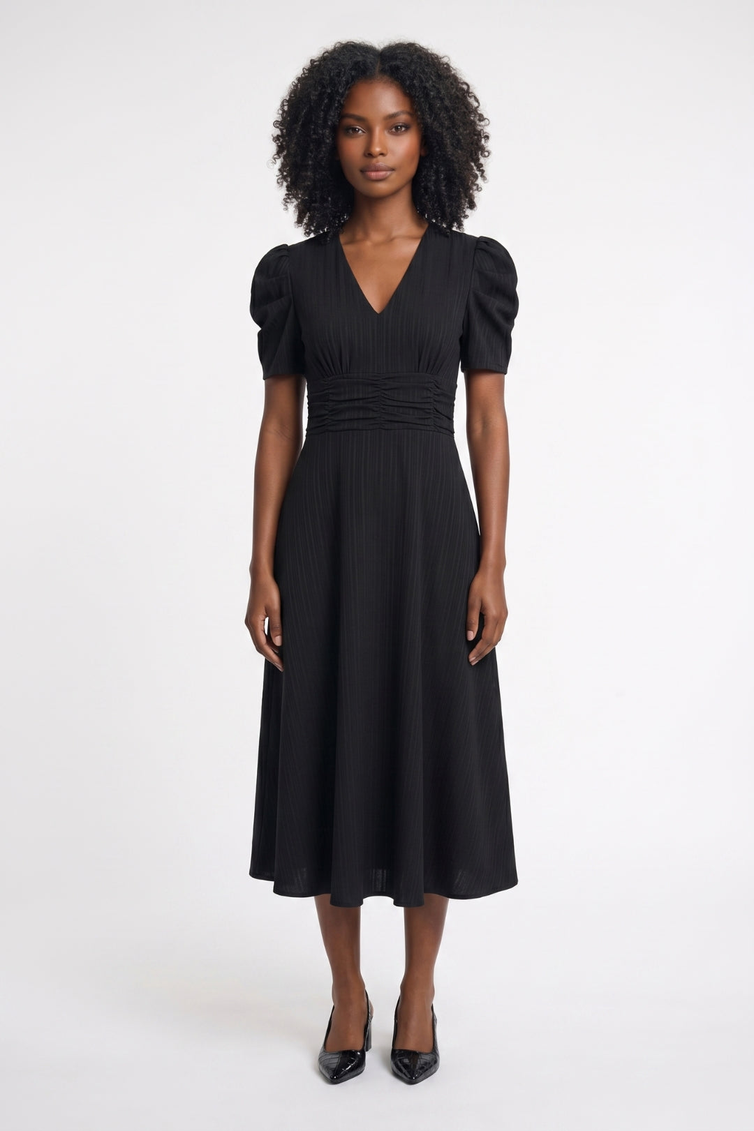 Midi Dress Ladies Tailored V-Neck Puff Sleeves Elastic Waist