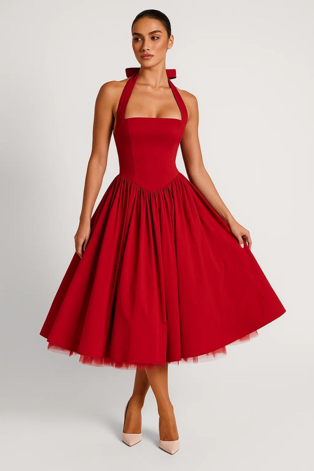 Midi Dress Ladies Halter Neck A-line Formal Party