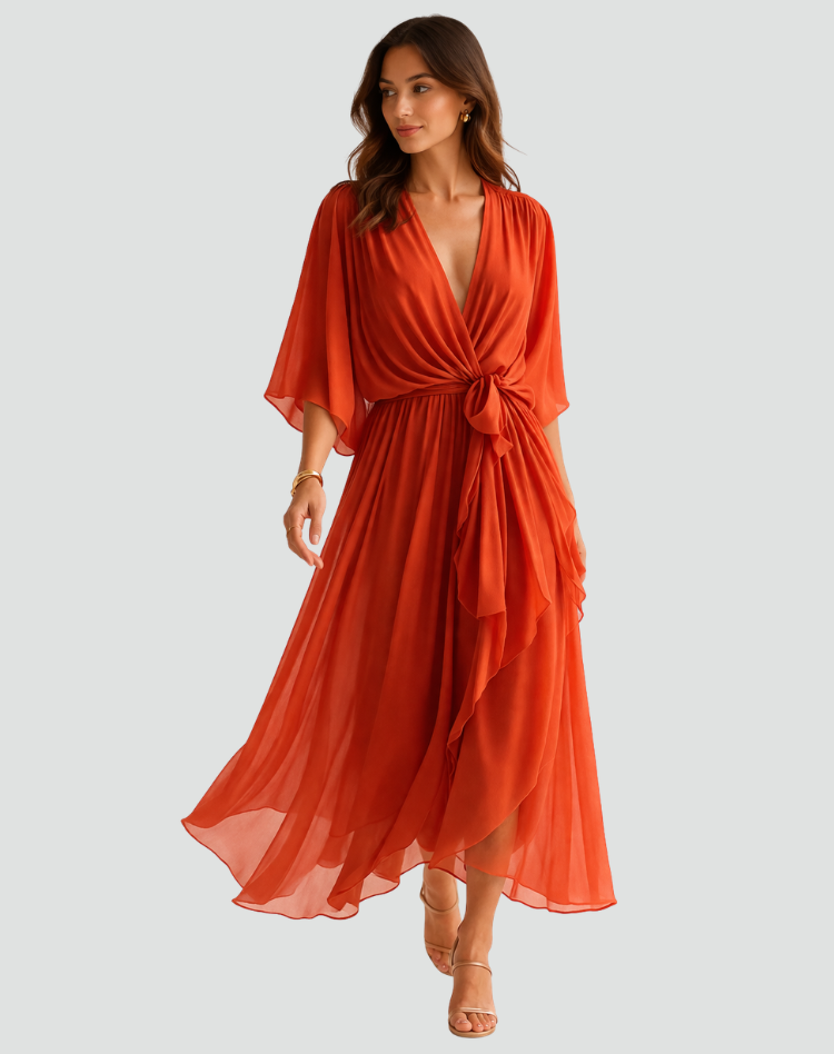 Midi Dress Ladies Wrap Neckline Waist Tie Gala Formal