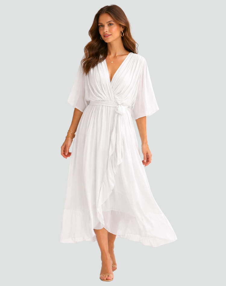 Midi Dress Ladies Wrap Neckline Waist Tie Gala Formal