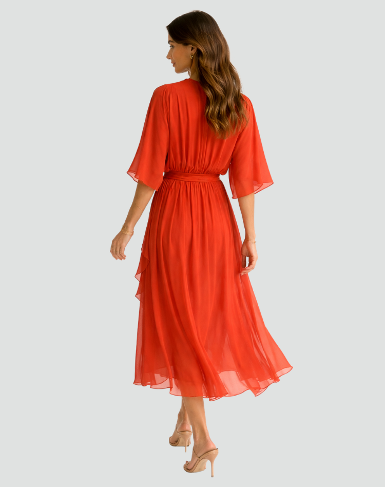 Midi Dress Ladies Wrap Neckline Waist Tie Gala Formal
