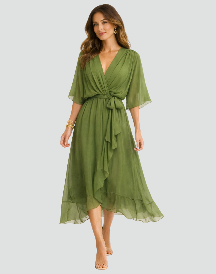 Midi Dress Ladies Wrap Neckline Waist Tie Gala Formal