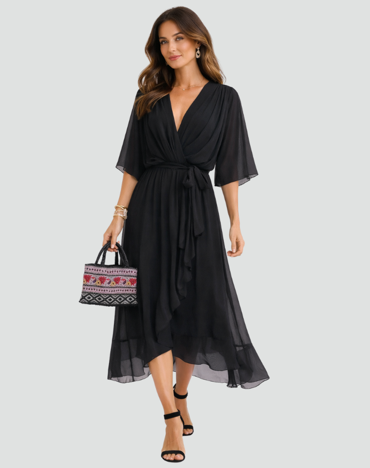 Midi Dress Ladies Wrap Neckline Waist Tie Gala Formal