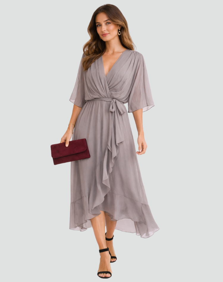 Midi Dress Ladies Wrap Neckline Waist Tie Gala Formal
