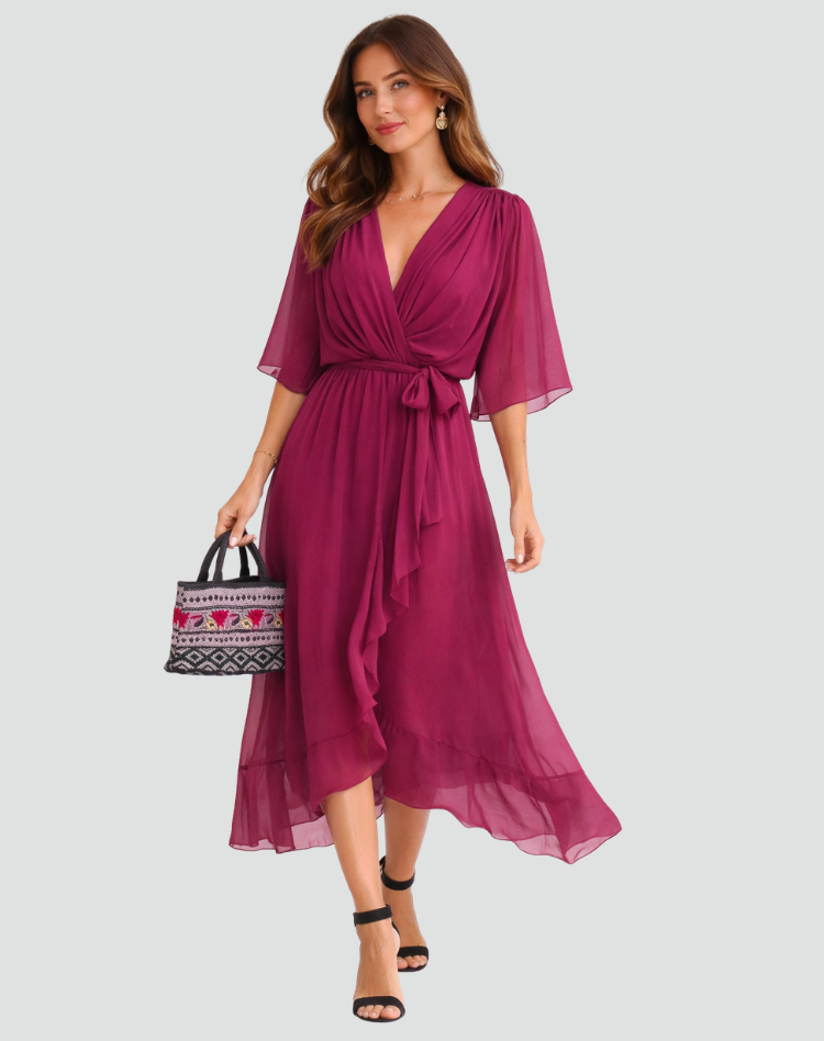 Midi Dress Ladies Wrap Neckline Waist Tie Gala Formal