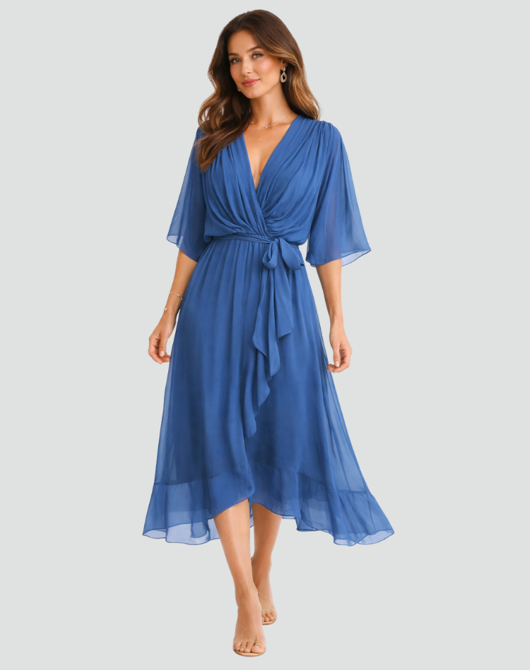 Midi Dress Ladies Wrap Neckline Waist Tie Gala Formal