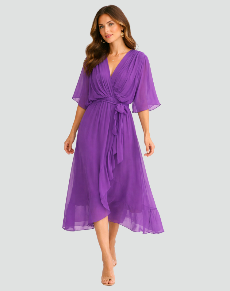 Midi Dress Ladies Wrap Neckline Waist Tie Gala Formal