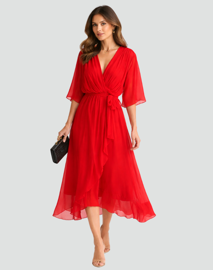 Midi Dress Ladies Wrap Neckline Waist Tie Gala Formal