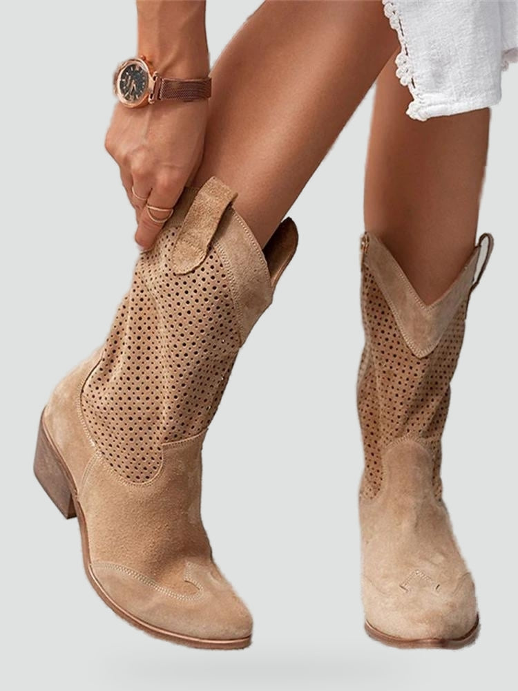 Fashionable Ladies' Ankle Boots with Perforated Design