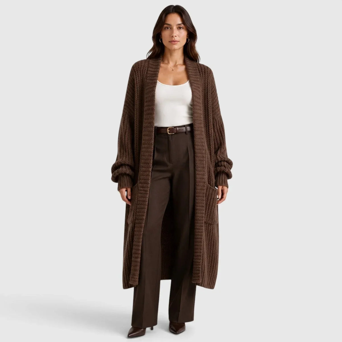 Long Women's Knitted Waistcoat with Pockets