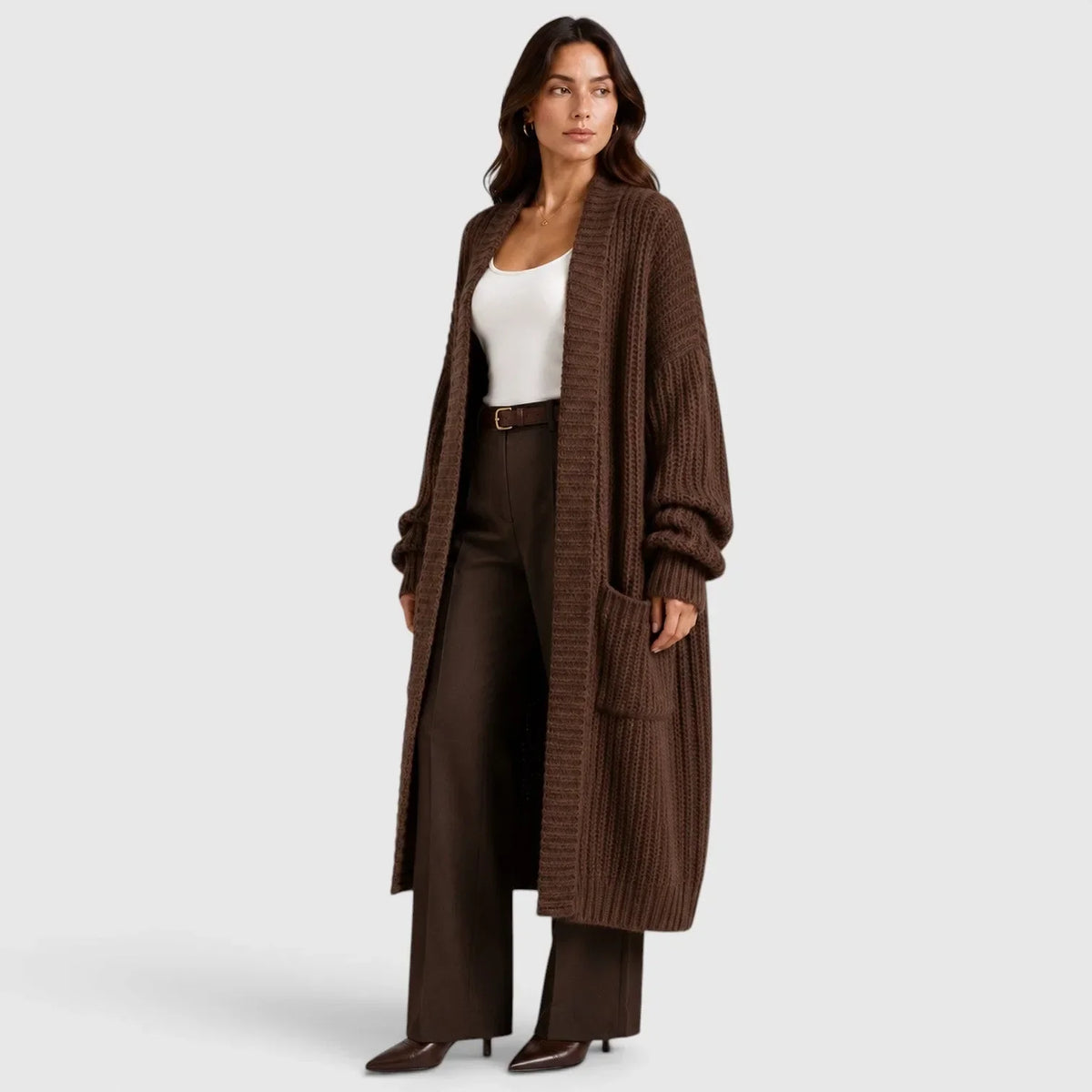 Long Women's Knitted Waistcoat with Pockets