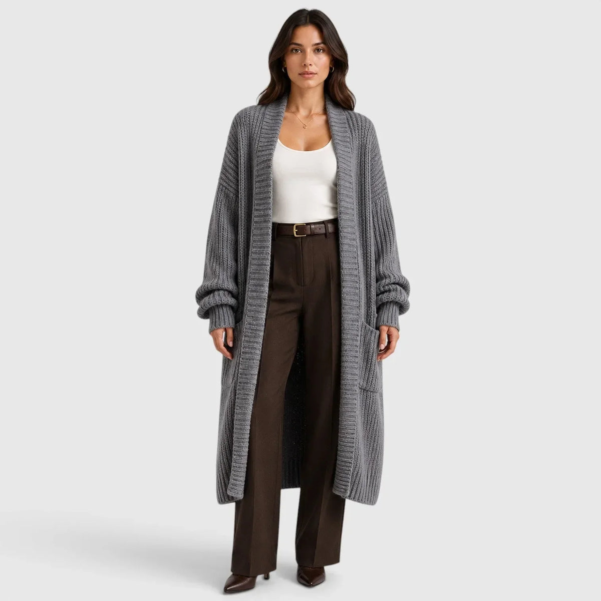 Long Women's Knitted Waistcoat with Pockets