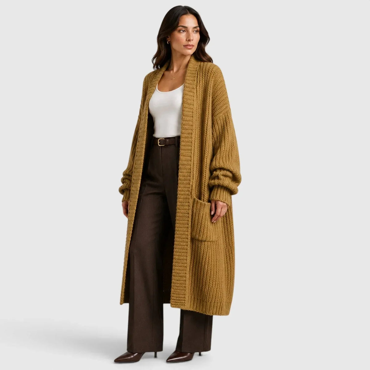 Long Women's Knitted Waistcoat with Pockets