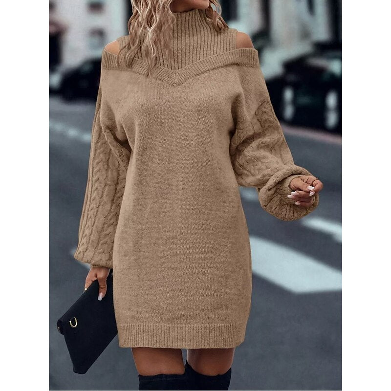 Everly | Turtleneck Sweater Dress with Cold Shoulder Design